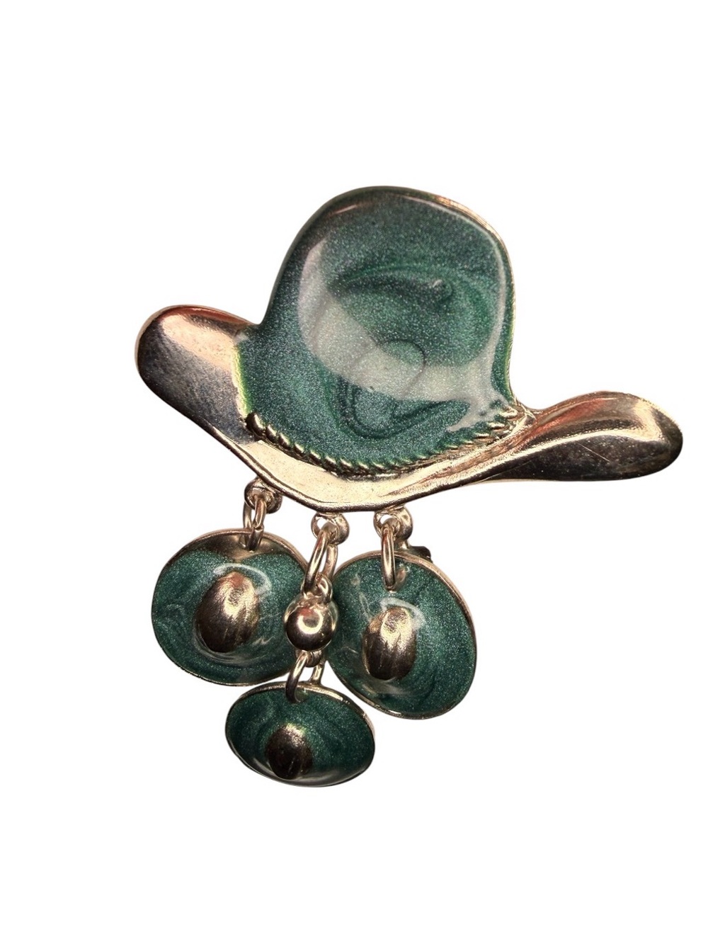 Vintage Southwestern Cowboy Hat Dangle Earrings Teal Turquoise Glitter Enamel - Picture 4 of 4